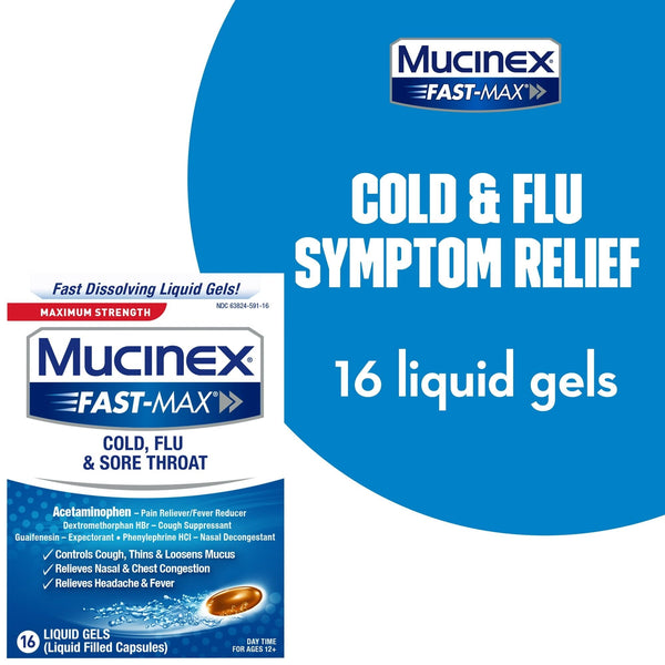 Mucinex Fast-Max Cold, Flu, & Sore Throat Relief Medicine, OTC Cough Suppressant, 16 Liquid Gels EasyOptionXY LLC