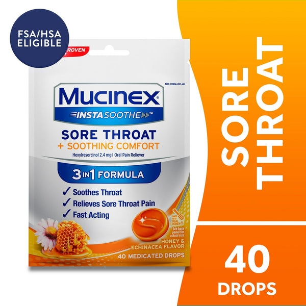 Mucinex Instasoothe Sore Throat Lozenges, FSA, Honey & Echinacea Flavor, 40 Medicated Throat Drops EasyOptionXY LLC