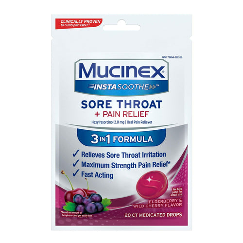 Mucinex InstaSoothe Sore Throat + Pain Relief Elderberry & Wild Cherry Flavor, Fast Acting, Powerful Sore Throat Oral Pain Reliever, 20 Medicated Drops EasyOptionXY LLC