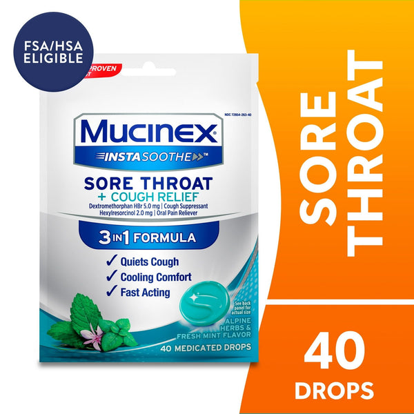 Mucinex Instasoothe Sore Throat + Cough Drops, Alpine Herbs & Fresh Mint Flavor, 40 Medicated Throat Drops EasyOptionXY LLC