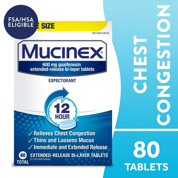 Mucinex 12 Hour Expectorant, OTC Medicine for Excess Mucus Relief, Chest Congestion, FSA, 80 Tablets EasyOptionXY LLC