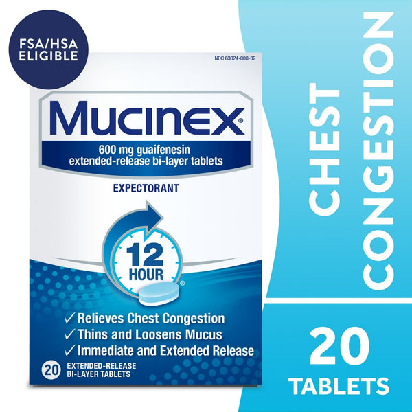 Mucinex 12 Hour Expectorant, OTC Medicine for Excess Mucus Relief, Chest Congestion, FSA, 20 Tablets EasyOptionXY LLC