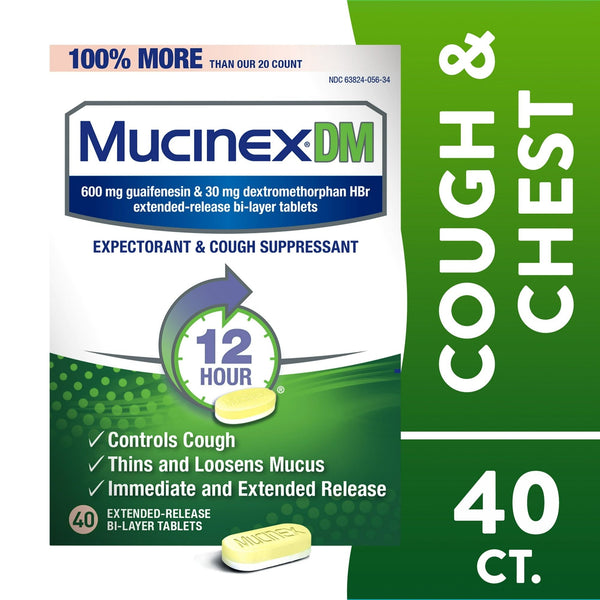 Mucinex DM 12 Hr Relief Tablets, 40ct, 600 mg Guaifenesin, 30 mg Dextromethorphan HBr, Controls Cough and Thins & Loosens Mucus That Causes Cough & Chest Congestion EasyOptionXY LLC