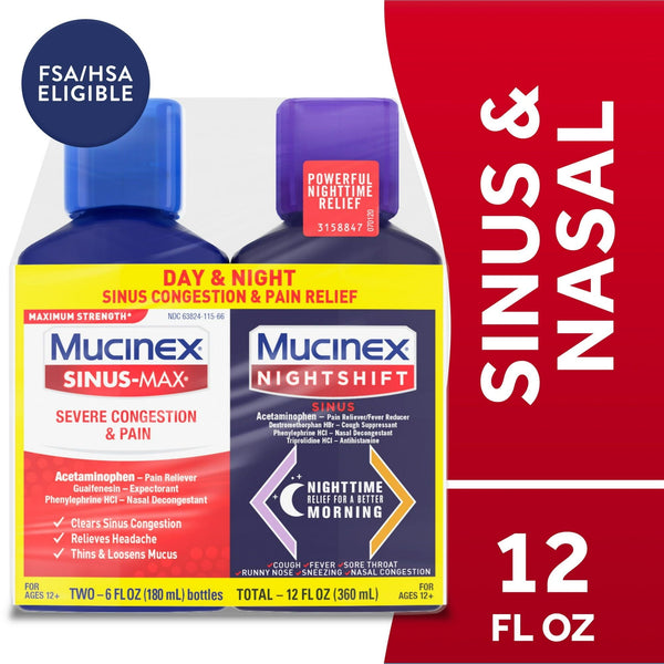 Mucinex Sinus-Max Severe Congestion & Pain & Nightshift Sinus Medicine, Headache Relief, 2x6 fl oz EasyOptionXY LLC