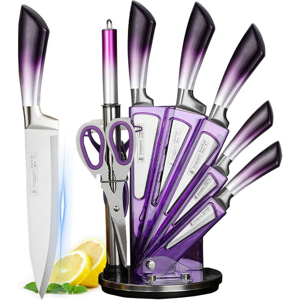 Knife Set, 9-Pieces Purple Gradient Handle Stainless Steel Chef Knife Set, Ultra Sharp Non-stick Cooking Knife Set with Acrylic Stand for Cutting Chopping Slicing Dicing EasyOptionXY LLC