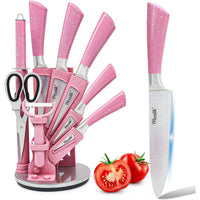 Kitchen Knife Set, 9PC Pink Wheat Straw Sharp Cooking Knife Set with Acrylic Stand, Stainless Steel Non-stick Chef with Comfortable Handle for Slicing Cutting Peeling Chopping EasyOptionXY LLC