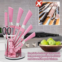 Kitchen Knife Set, 9PC Pink Wheat Straw Sharp Cooking Knife Set with Acrylic Stand, Stainless Steel Non-stick Chef with Comfortable Handle for Slicing Cutting Peeling Chopping EasyOptionXY LLC