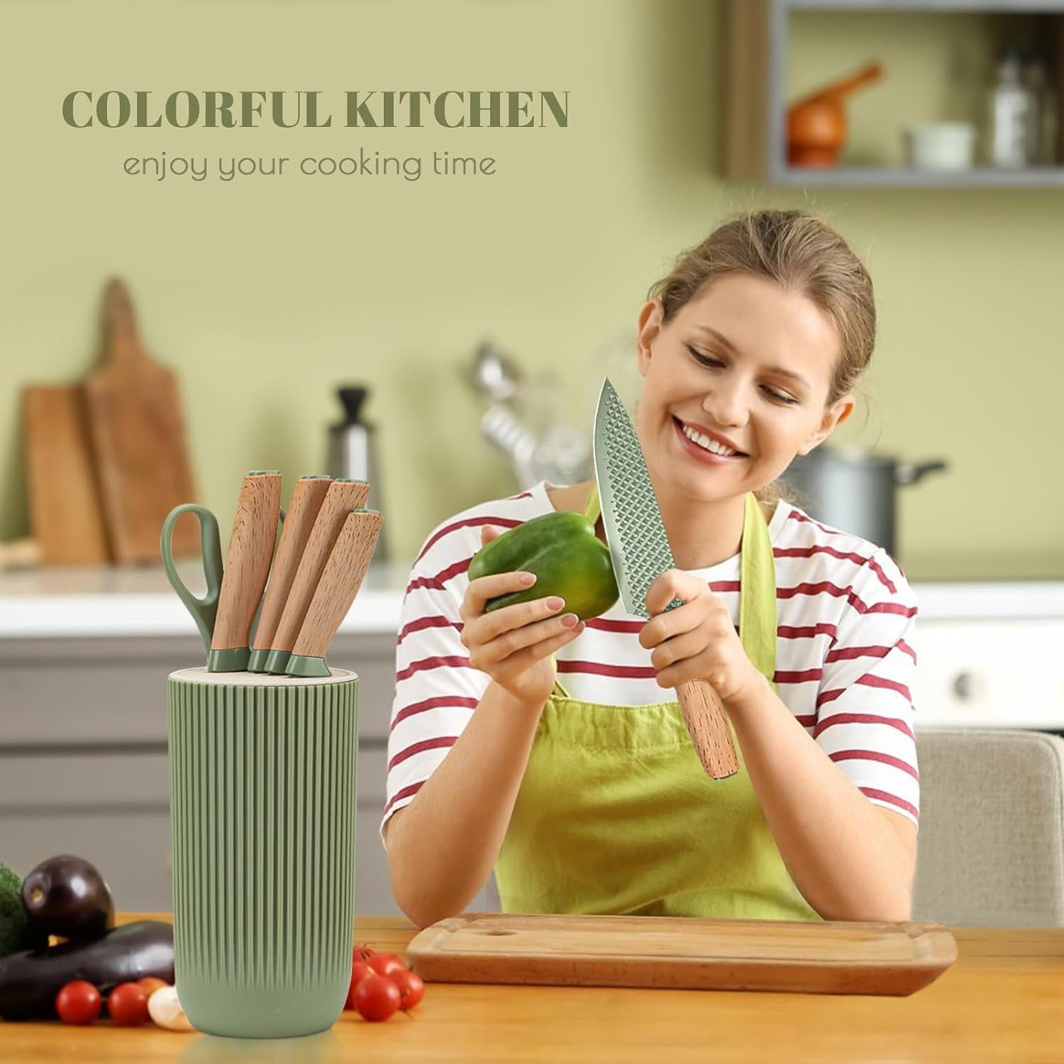 Kitchen Knife Set, 6 Pieces Green Professional Knife Set with Universal Knife Block, Super Sharp Knife Set with Ergonomic Handle, Non-stick Stainless Steel Knife Block Set EasyOptionXY LLC