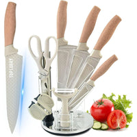 Kitchen Knife Set, 8-Pieces Khaki Sharp Chef Knife Set with Block, Knife Block Set with Diamond Grain Non-stick Knife Blade, Stainless Steel Cooking Knives Suitable for Home Restaurant Apartment EasyOptionXY LLC