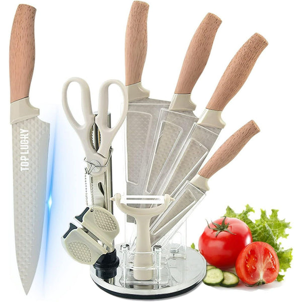 Kitchen Knife Set, 8-Pieces Khaki Sharp Chef Knife Set with Block, Knife Block Set with Diamond Grain Non-stick Knife Blade, Stainless Steel Cooking Knives Suitable for Home Restaurant Apartment EasyOptionXY LLC