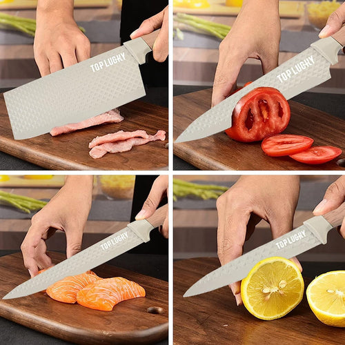 Kitchen Knife Set, 8-Pieces Khaki Sharp Chef Knife Set with Block, Knife Block Set with Diamond Grain Non-stick Knife Blade, Stainless Steel Cooking Knives Suitable for Home Restaurant Apartment EasyOptionXY LLC