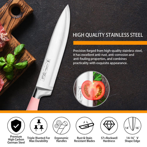 Kitchen Knife Set, 9-Pieces Pink Sharp Non-Stick Coated Chef Knives Block Set ,Stainless Steel Knife Set for Kitchen with Sharpener for Cutting Slicing Dicing Chopping EasyOptionXY LLC