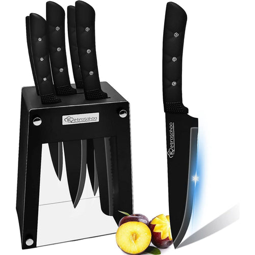 Kitchen Knife Set, 6 Pieces Black Stainless Steel Sharp Chef Knife with Acrylic Stand, Non-stick Coating Block Knife Set for Home Restaurant Apartment EasyOptionXY LLC