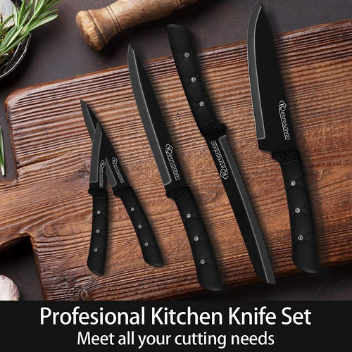 Kitchen Knife Set, 6 Pieces Black Stainless Steel Sharp Chef Knife with Acrylic Stand, Non-stick Coating Block Knife Set for Home Restaurant Apartment EasyOptionXY LLC