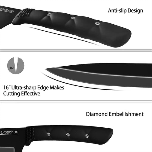 Kitchen Knife Set, 6 Pieces Black Stainless Steel Sharp Chef Knife with Acrylic Stand, Non-stick Coating Block Knife Set for Home Restaurant Apartment EasyOptionXY LLC