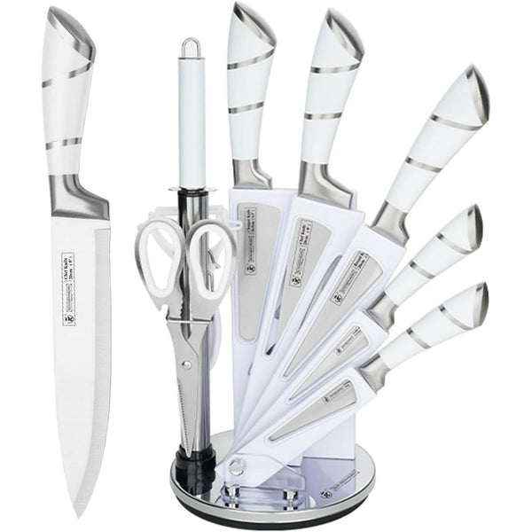 Kitchen Knife Set, 9-Piece White Sharp Non-Stick Coated Chef Knives Block Set,Stainless Steel Knife Set for Kitchen with Sharpener for Cutting Slicing Dicing Chopping EasyOptionXY LLC