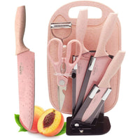 Kitchen Knife Set, Pink 7PC Wheat Straw Sharp Chef Knife Set with Cutting Board and Acrylic Stand, Stainless Steel Cooking Knife with Gift Box for Women Girls Friends Family EasyOptionXY LLC