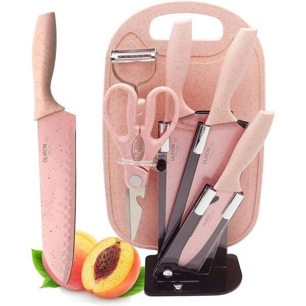 Kitchen Knife Set, Pink 7PC Wheat Straw Sharp Chef Knife Set with Cutting Board and Acrylic Stand, Stainless Steel Cooking Knife with Gift Box for Women Girls Friends Family EasyOptionXY LLC