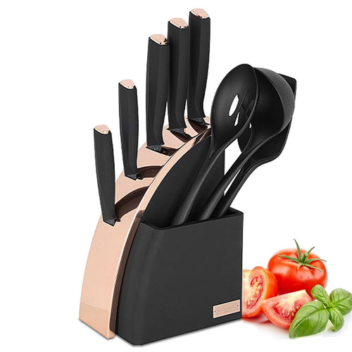 Kitchen Knife Set, 9-Pieces Sharp Stainless Steel Chef Knife Set with Block for Kitchen, Knife Block Set with Silicone Cooking Utensils, Slotted Spoon, Deep Soup Ladle, Slotted Turner EasyOptionXY LLC