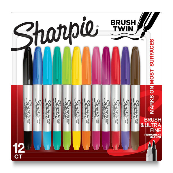 Sharpie Brush Twin Permanent Markers, Brush Tip Marker and Ultra Fine Tip Marker, Assorted, 12 Count EasyOptionXY LLC