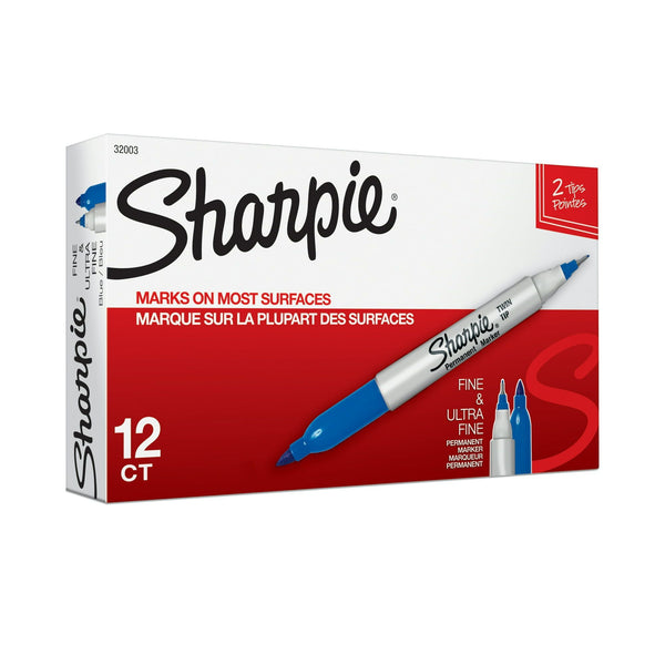 Sharpie Twin-Tip Permanent Marker, Fine/Ultra Fine Point, Blue, Dozen EasyOptionXY LLC