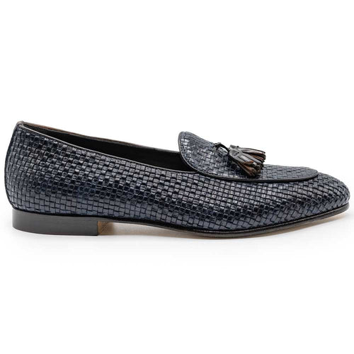 15-216-NVY TINO Calfskin Woven Tassel Loafer, Navy Zelli Italia