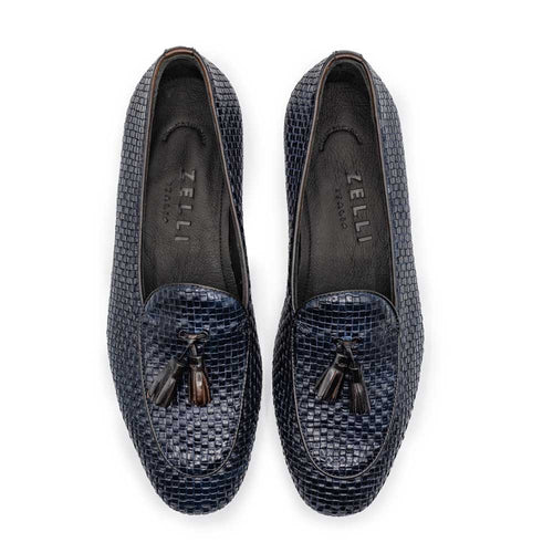 15-216-NVY TINO Calfskin Woven Tassel Loafer, Navy Zelli Italia