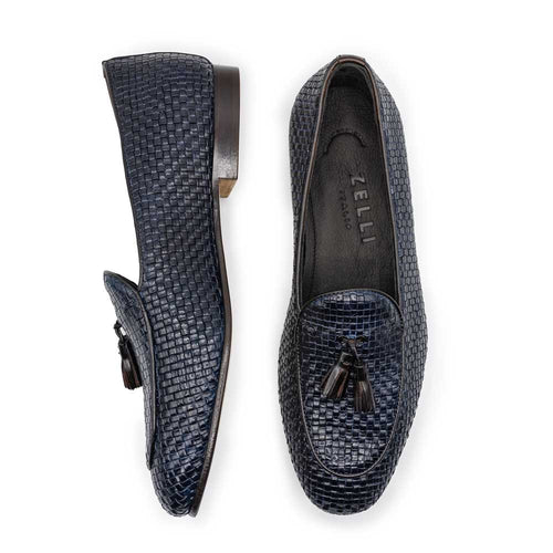15-216-NVY TINO Calfskin Woven Tassel Loafer, Navy Zelli Italia