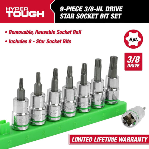 Hyper Tough 9-Piece, 3/8-inch Drive, Star Socket Bit Set for Automotive and DIY Projects, 6569 EasyOptionXY LLC