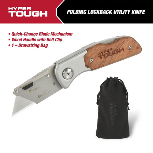 Hyper Tough Folding Lock Back Utility Knife with Wood Handle, 42869 EasyOptionXY LLC