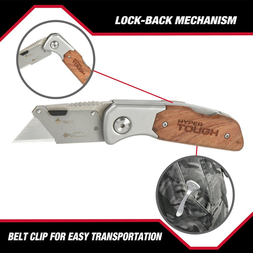 Hyper Tough Folding Lock Back Utility Knife with Wood Handle, 42869 EasyOptionXY LLC