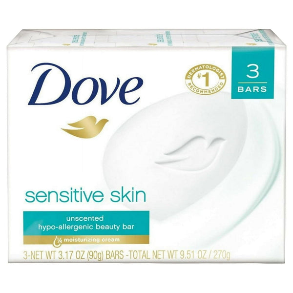 Dove Beauty Bar More Moisturizing Than Bar Soap Sensitive Skin With Gentle Cleanser for Softer Skin, Fragrance Free, Hypoallergenic 3.17 oz, 3 Bars EasyOptionXY LLC