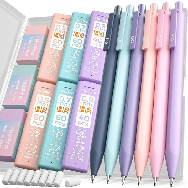 Nicpro 6PCS Pastel Mechanical Pencil Set, 0.5 & 0.7 & 0.9 mm with 6 Tubes HB Lead Refill, 3PCS Eraser and 9PCS Eraser Refill for Student Writing Drafting, Drawing, Sketching-with Cute Case EasyOptionXY LLC