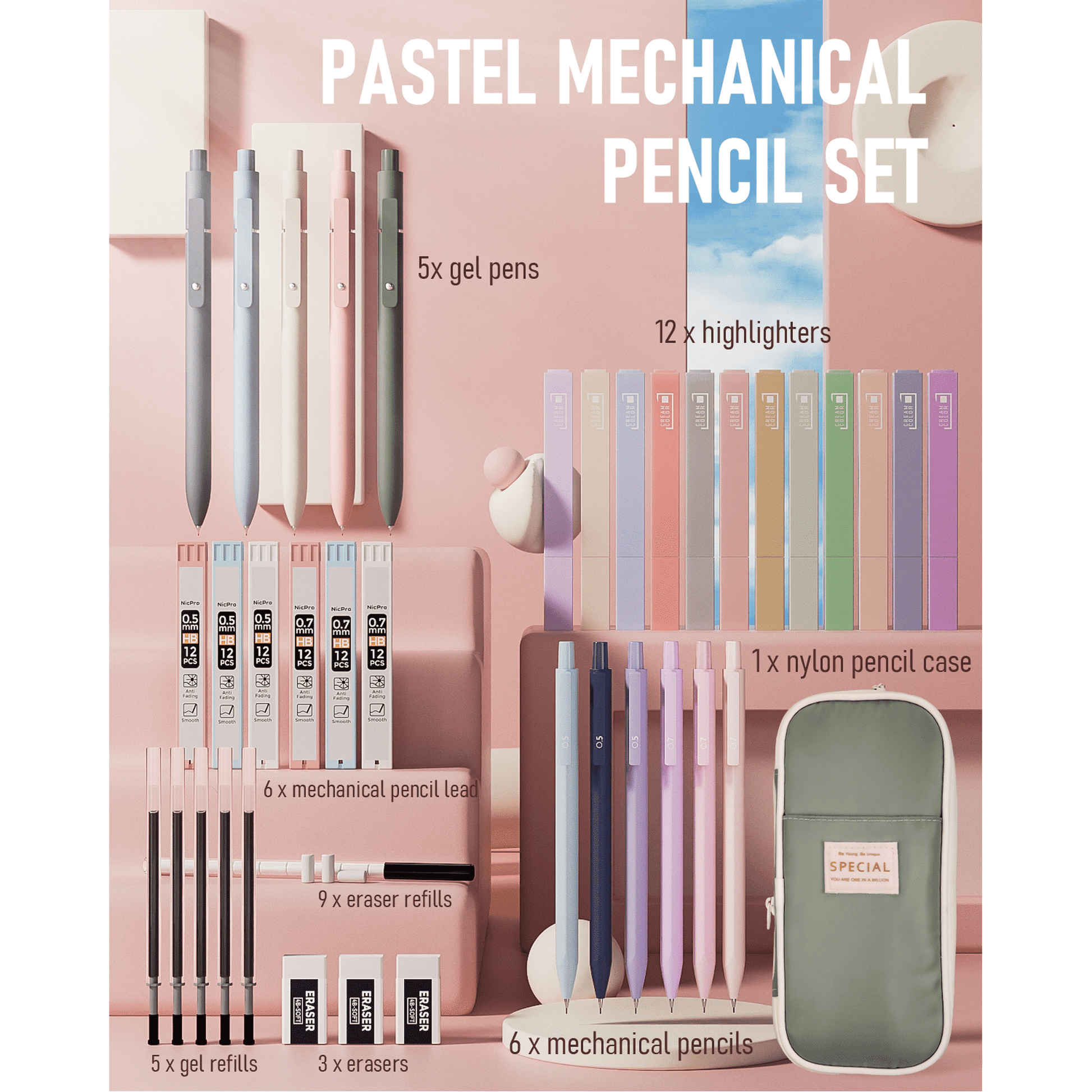 Nicpro 39Pcs Aesthetic School Supplies with Big Capacity Pen Case, 12 Colors Chisel Tip Cute Highlighters, 5 Quick Dry Retractable Black Ink Pens, 6 Pastel 0.5 & 0.7 mm Mechanical Pencil for Students EasyOptionXY LLC