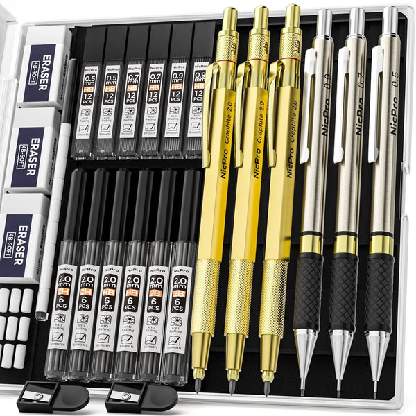 Nicpro 6 Pcs Mechanical Pencils Set, 3 Pcs Metal Pencils 0.5mm & 0.7mm & 0.9mm and 3 Pcs 2mm Graphite Lead Holder (2B HB 2H) with 12 Tubes Lead Refills, Come with Case, Gold EasyOptionXY LLC