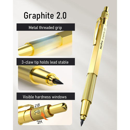 Nicpro 6 Pcs Mechanical Pencils Set, 3 Pcs Metal Pencils 0.5mm & 0.7mm & 0.9mm and 3 Pcs 2mm Graphite Lead Holder (2B HB 2H) with 12 Tubes Lead Refills, Come with Case, Gold EasyOptionXY LLC