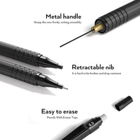 Nicpro 5 Pcs Metal Mechanical Pencils Set, Artist Drafting Pencil 0.5 & 0.7 & 0.9mm & 2Pcs 2mm Graphite Lead Holder(4B 2B HB 2H) with Lead Refills, Erasers - Black EasyOptionXY LLC