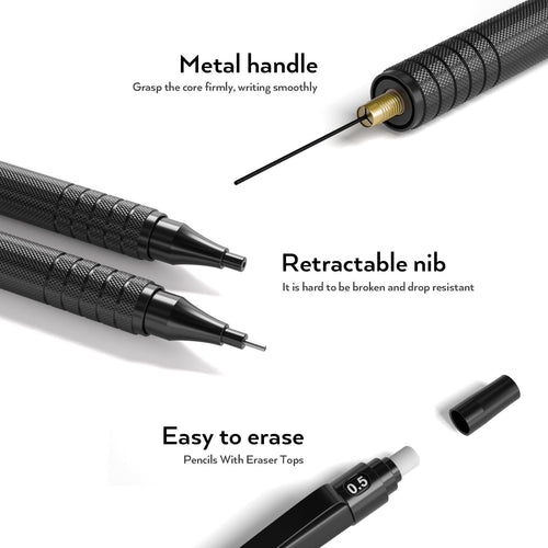 Nicpro 5 Pcs Metal Mechanical Pencils Set, Artist Drafting Pencil 0.5 & 0.7 & 0.9mm & 2Pcs 2mm Graphite Lead Holder(4B 2B HB 2H) with Lead Refills, Erasers - Black EasyOptionXY LLC