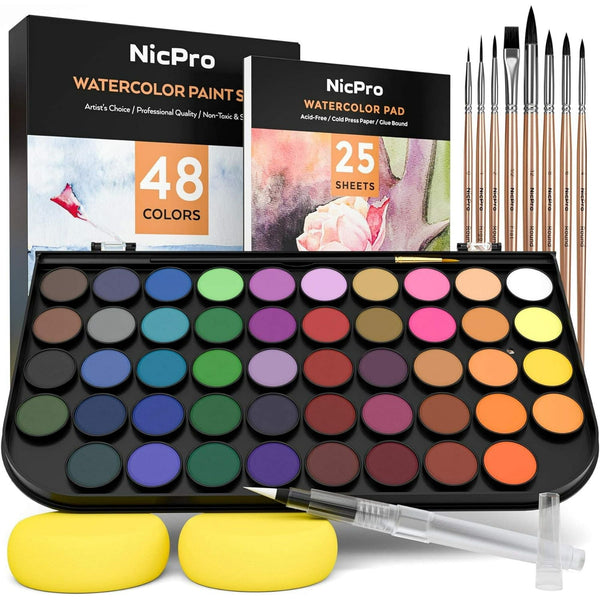 Nicpro Watercolor Paint Set, 48 Water Colors Kit with 8 Squirrel Brushes, Palette, Watercolor Pen, 25 Art Pad Paper, 2 Art Sponges, Non-toxic Painting Supplies EasyOptionXY LLC