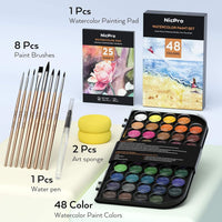 Nicpro Watercolor Paint Set, 48 Water Colors Kit with 8 Squirrel Brushes, Palette, Watercolor Pen, 25 Art Pad Paper, 2 Art Sponges, Non-toxic Painting Supplies EasyOptionXY LLC