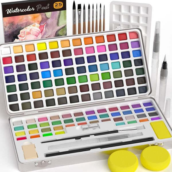 Nicpro 128 Colors Watercolor Paint Set include Metallic Macaron & Fluorescent, 8 Squirrel Painting Brushes, 25 Water Color Paper, Palette, Art Supplies Kit for Artist, Adult, Kid, Beginner EasyOptionXY LLC