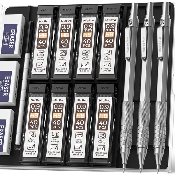 Nicpro 3 Pcs 0.9 mm Metal Mechanical Pencils, with 6 Tubes HB Lead Refills, 3Pcs Erasers, Erasers Refills, Drafting Pencil Set with Case - Silver EasyOptionXY LLC