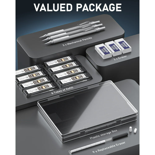 Nicpro 3 Pcs 0.9 mm Metal Mechanical Pencils, with 6 Tubes HB Lead Refills, 3Pcs Erasers, Erasers Refills, Drafting Pencil Set with Case - Silver EasyOptionXY LLC