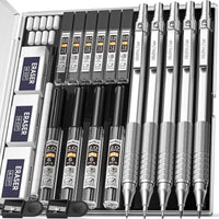 Nicpro 5 Pcs Metal Mechanical Pencils Set, Artist Drafting Pencil 0.5 & 0.7 & 0.9mm & 2Pcs 2mm Graphite Lead Holder(4B 2B HB 2H) with Lead Refills, Erasers - Silver EasyOptionXY LLC