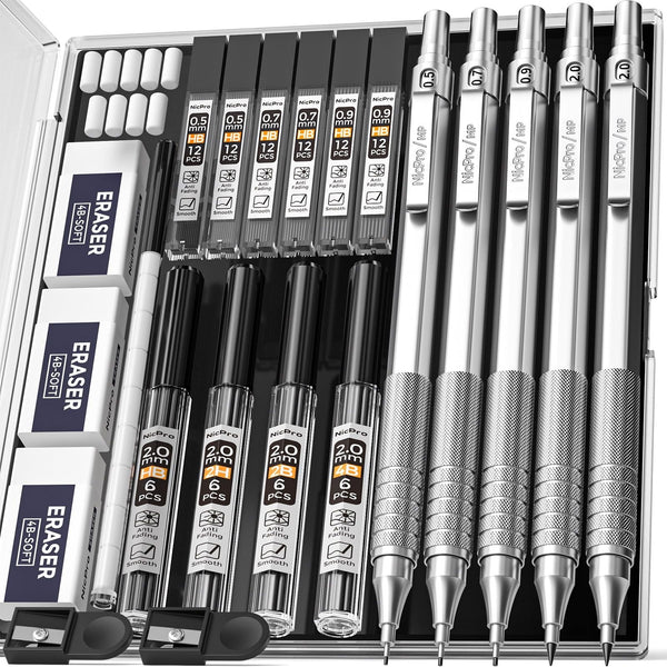 Nicpro 5 Pcs Metal Mechanical Pencils Set, Artist Drafting Pencil 0.5 & 0.7 & 0.9mm & 2Pcs 2mm Graphite Lead Holder(4B 2B HB 2H) with Lead Refills, Erasers - Silver EasyOptionXY LLC