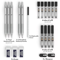Nicpro 5 Pcs Metal Mechanical Pencils Set, Artist Drafting Pencil 0.5 & 0.7 & 0.9mm & 2Pcs 2mm Graphite Lead Holder(4B 2B HB 2H) with Lead Refills, Erasers - Silver EasyOptionXY LLC