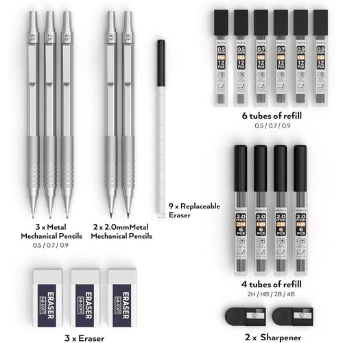 Nicpro 5 Pcs Metal Mechanical Pencils Set, Artist Drafting Pencil 0.5 & 0.7 & 0.9mm & 2Pcs 2mm Graphite Lead Holder(4B 2B HB 2H) with Lead Refills, Erasers - Silver EasyOptionXY LLC