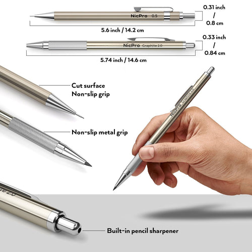 Nicpro 6 Pcs Metal Mechanical Pencils, Artist Drafting Pencil 0.3 & 0.5 & 0.7 & 0.9mm and 2mm Lead Holder(4B 2B HB 2H), Come with Case EasyOptionXY LLC