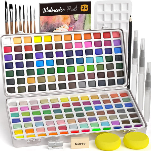 Nicpro 168 Colors Watercolor Paint Set include Metallic Macaron Candy Fluorescent, 8 Squirrel Painting Brushes, 25 Water Color Paper, Palette, Art Supplies Kit for Artist, Adult, Kid, Beginner EasyOptionXY LLC
