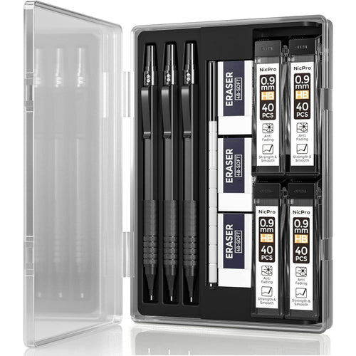 Nicpro 3 Pcs 0.9 mm Metal Mechanical Pencils, with 6 Tubes HB Lead Refills, 3Pcs Erasers, Erasers Refills, Drafting Pencil Set with Case - Black EasyOptionXY LLC